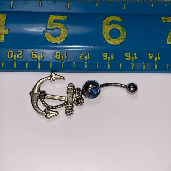 Large Anchor with Rope and Light Blue Gem Dangle Belly Ring - Picture 12 of 16